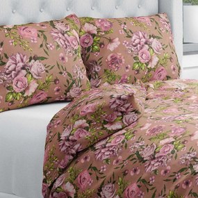 Biante Bavlnené posteľné obliečky Sandra SA-554 Ruže a hortenzie na hnedom Dvojlôžko francúzske 200x200 a 2ks 70x90 cm
