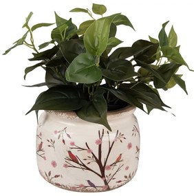 Béžový keramický obal na kvetináč s kvetmi a vtáčikmi Birdie L - Ø 20*15 cm