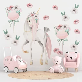 Gario Detská nálepka na stenu Pastel unicorns - jednorožec, biele a červené kvety s balónmi