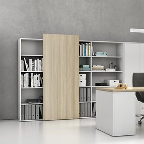 Kancelársky regál s posuvným panelom BLOCK, 1600 × 400 × 1748 mm, dub prírodný