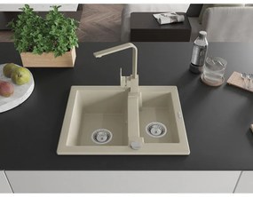 Mexen Carlos, 1,5-komorový granitový drez s odkvapkávačom 582x475x177 mm a béžová kuchynská batéria Rita, béžová, 6518-69-670300-69