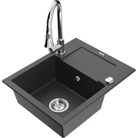 Mexen Enzo, 1-komorový granitový drez 576x465x174 mm a drezová batéria Elia, čierna škvrnitá, 6506-76-670101-00