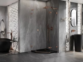 Mexen Lunar, L pravý výklopný päťuholníkový sprchový kút 100 x 100 cm, 8mm číre sklo, profil ružové zlato, 831L-100P-100L-60-00-P