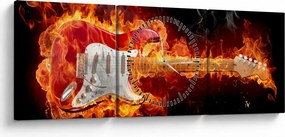 Obraz - Gitara v plameňoch (s hodinami) (90x30 cm)