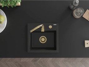 Mexen Milo, granitový drez 435x410x171 mm, 1-komorový, čierna-strieborná metalíza so zlatým sifónom, 6505441000-73-G