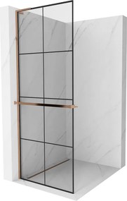 Mexen Kioto+ L, sprchová zástena Walk-In s poličkou a vešiakom 70 x 200 cm, 8mm číre sklo čierny vzor, ružové zlato profil, 800-070-123-60-77