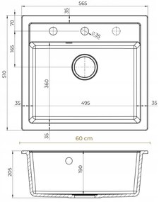 Sink Quality Ferrum, kuchynský granitový drez 565x510x205 mm + čierny sifón, čierna, SKQ-FER.C.1K60.XB