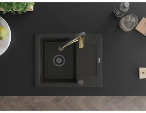 Mexen Enzo, 1-komorový granitový drez 576x465x174 mm a drezová batéria Aster, čierna-zlatá metalíza, 6506-75-73450-57-B