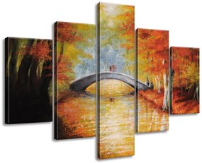 Gario Ručne maľovaný obraz Po jesennom moste - 5 dielny Rozmery: 150 x 105 cm