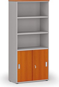Kombinovaná kancelárska skriňa PRIMO GRAY, zasúvacie dvere na 2 poschodia, 800 x 420 x 1781 mm, sivá/čerešňa