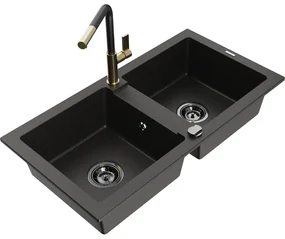 Mexen Mario, 2-komorový granitový drez 820x436x161 mm a drezová batéria Flora, čierna-zlatá metalíza, 6504-75-670401-57-B