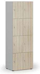 Drevená šatníková skrinka s úložnými boxmi, 8 boxov, cylindrický zámok, sivá/dub prírodný