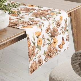 Biante Bavlnený behúň na stôl Sandra SA-458 Hnedé kvety magnólie s motýlikmi na bielom 35x120 cm