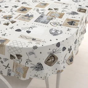 Biante Dekoračný oválny obrus Porto PRT-014 Hnedo-sivé srdiečka na krémovom 130x160 cm