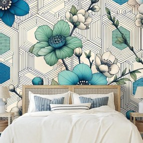 Tapeta modré kvety s geometrickým pozadím