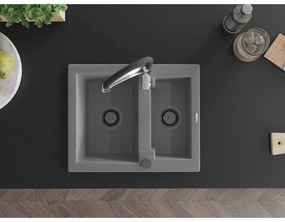Mexen Carlos, 1,5-komorový granitový drez 582x475x177 mm a drezová batéria Aster, šedá, 6518-71-73450-07-B