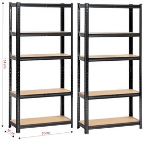 Set 2 kovových regálov 70x30x154 cm čierny