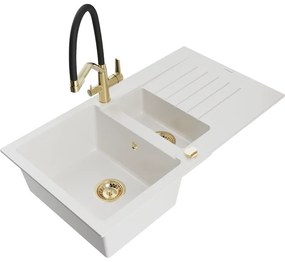 Mexen Matias, 1,5-komorový granitový drez 900x505x200 mm a drezová batéria Duo, biela, 6502-20-671701-57-G
