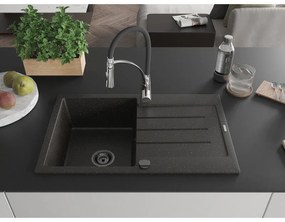 Mexen Bruno, 1-komorový granitový drez 795x495x200 mm a drezová batéria Aster, čierna-zlatá metalíza, 6513-75-73450-07-B