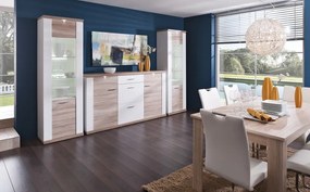 Vysoká vitrína Caracas typ 01, dub/biely lesk, s osvetlením