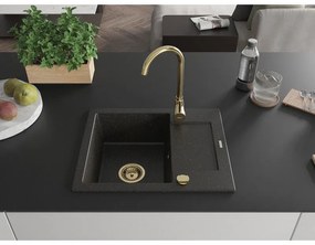 Mexen Enzo, 1-komorový granitový drez s odkvapkávačom 58x47 cm a kuchynskou batériou Telma, čierna-zlatá, 6506-75-670200-50