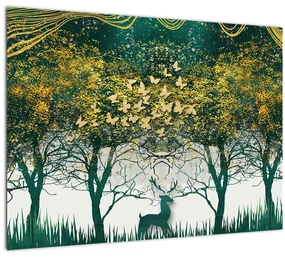 Sklenený obraz - Jelene v zelenom lese (70x50 cm)
