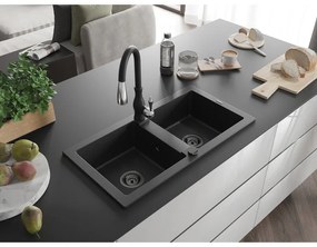Mexen Mario, 2-komorový granitový drez 820x436x161 mm a drezová batéria Savita, čierna-strieborná metalíza, 6504-73-672601-70-B