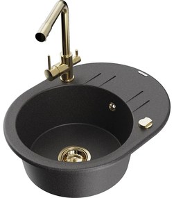 Mexen Kevin, drez granitový 586x458x190 mm, 1-komorový a zlatá Duero batéria, čierna - strieborná metalíza, 6517-76-671600-50