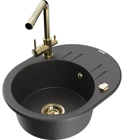 Mexen Kevin, drez granitový 586x458x190 mm, 1-komorový a zlatá Duero batéria, čierna - strieborná metalíza, 6517-76-671600-50