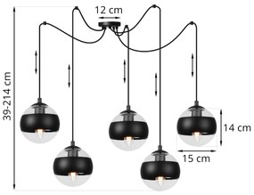 Závesne svietidlo Toledo Spider, 5x čierne/transparentné sklenené tienidlo, B