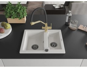 Mexen Carlos, 1,5-komorový granitový drez 582x475x177 mm a drezová batéria Duo, biela, 6518-20-671701-57-B