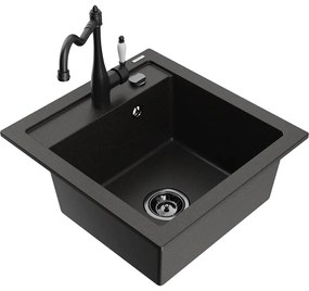 Mexen Vito, granitový drez 490x520x210 mm, 1-komorový a drezová batéria Carla, čierna-zlatá metalíza, 6503-75-670700-70-B