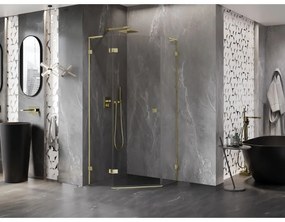 Mexen Lunar, L päťuholníkový sprchový kút naklápací doľava 100 x 100 cm, 8mm číre sklo, zlatý profil, 831L-100L-100P-50-00-L