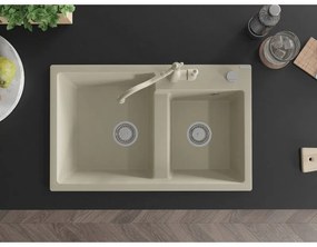 Mexen Tomas, granitový drez 800x500x190 mm, 2-komorový a drezová batéria Carla, béžová, 6516-69-670700-69