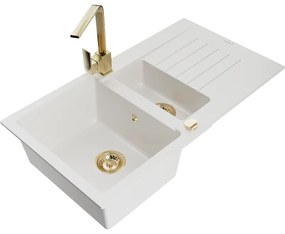Mexen Matias, granitový drez 900x505x200 mm, 1,5-komorový a zlatá batéria Rita, biela, 6502-20-670300-50