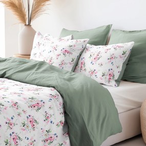 Goldea bavlnené posteľné obliečky duo - ružové sakury s lístkami s šalvejovo zelenou 140 x 220 a 70 x 90 cm