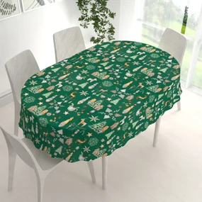 Biante Vianočný bavlnený oválny obrus Sandra SA-508 Vianoční škriatkovia a ozdoby na zelenom 120x140 cm