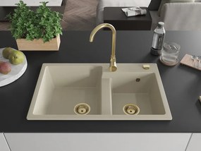 Mexen Tomas, granitový drez 800x500x190 mm, 2-komorový, béžová so zlatým sifónom, 6516802000-69-G