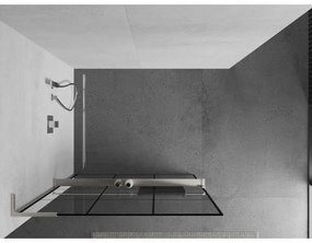 Mexen Kioto+ L, sprchová zástena Walk-In s poličkou a vešiakom 120 x 200 cm, 8mm číre sklo čierny vzor, brúsená oceľ profil, 800-120-123-97-77