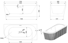 Invena Invena, voľne stojaca vaňa 170x80x58 cm, pravá, biela lesklá, chrómový prepad, INV-AN-02-11P-KPL