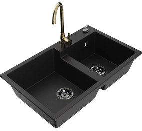 Mexen Tomas, granitový drez 800x500x190 mm, 2-komorový a zlatá batéria Telma, čierna, 6516-77-670200-50-B