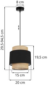 Závesné svietidlo Boho, 1x jutové/čierne textilné tienidlo