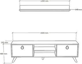 TV stolík ZEN 160 cm s nástennou poličkou, dekor orech/čierny mramor