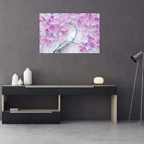 Obraz kvetov na striebornom kmeni - abstrakt (90x60 cm)