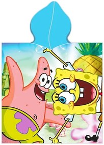 Detské plážové pončo - bavlnená osuška s kapucňou SpongeBob a Patrik - 100% bavlna - 55 x 110 cm - pre deti od 3 do 6 rokov