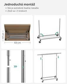 Stojan na oblečenie INEZ na kolieskach, max. 90 kg, 83,5x45x160cm, strieborná Jurhan