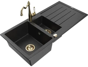 Mexen Andres, granitový drez 1000x500x200 mm, 1,5-komorový a drezová batéria Carla, čierna-strieborná metalíza, 6515-73-670700-50