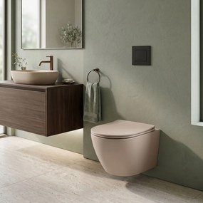 Rea Carlo Mini, závesná WC misa Rimless Tornado so sedadlom, béžová matná, REA-C4599