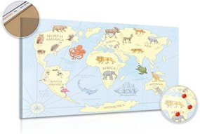Obraz na korku mapa sveta so zvieratami