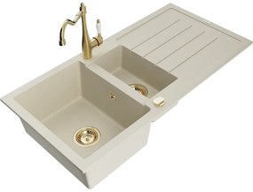 Mexen Andres, granitový drez 1000x500x200 mm, 1,5-komorový a drezová batéria Carla, béžová, 6515-69-670700-50